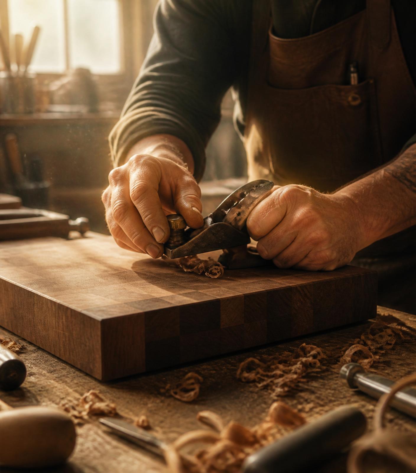 A craftsman hand-planing a walnut end-grain board in a sunlit workshop